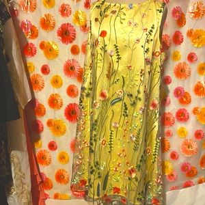 TAHARI Floral Embroidered Sheer Yellow BabyDoll Dress Sz 14